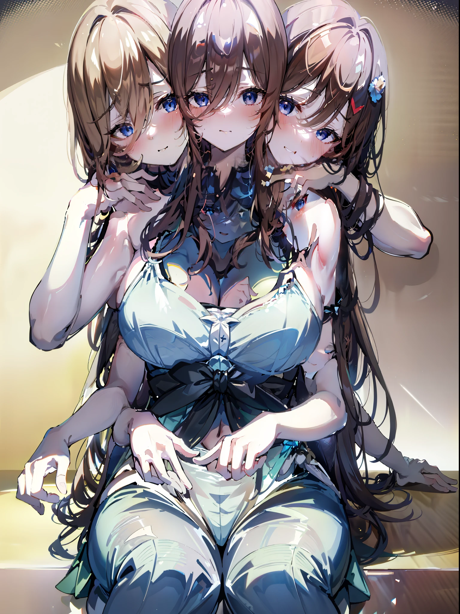 (Masterpiece, best quality), best resolution, (3 heads:1.5), 1 girl, Nakano Miku character, Bored, Headache, Hangover, In the pain, feel dizzy, brown hair, blue eyes, Close one eye, open mouth, Light blue T-shirt, Tan pants, Place your hand on your forehead, apartment kitchen,DSLR Photos, (8ก, 4K, Masterpiece),(Masterpiece, best quality), best resolution, (3 heads:1.5),Arms separated,arm circle, (Put your hands on your head...), (lower hand on ankle), (lower hand on leg), Full content in the frame, full body view, (four arms),(Multi-arm),(many hands), รูปร่างเพรียวบาง Masterpiece,best quality,best resolution,1 woman,many heads, upper body, smile, Facing the audience,big breasts,simple background,Beautiful face,Beautiful hair,beautiful eyes,beautiful body,Beautiful hands,conjoined twins