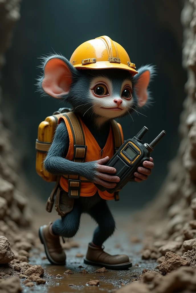 Tarsius working in a mine wearing full safety while holding a walkie-talkie