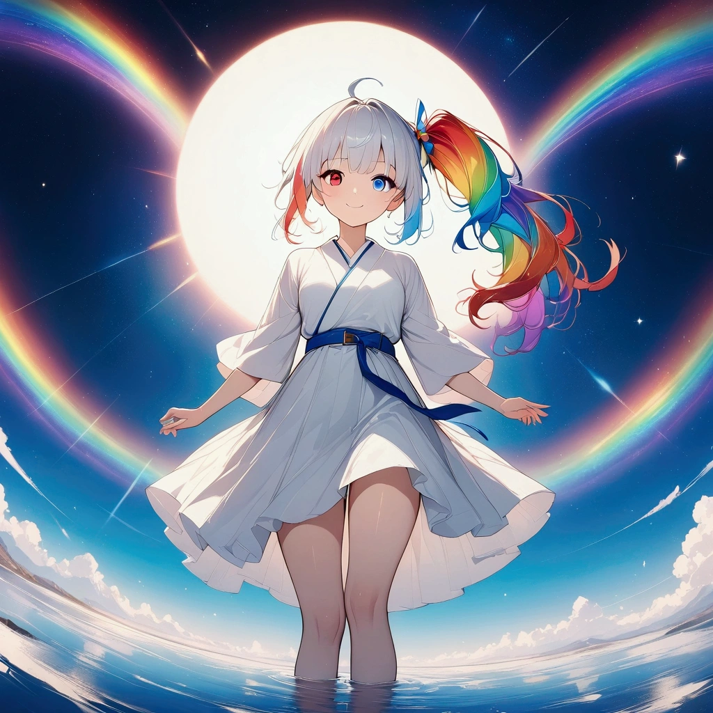 (((anime))) One Woman,have,With a glass heart,Light reflection Long hair,Side Ponytail,(Rainbow Hair),Bangs parted in the center,Heterochromia iridis,Red eyes,(Blue eyes),Smiling White Kimono,Blue Belt,Black Clogs, The Edge of the Galaxy,Light from above,Backlight,masterpiece,Highest quality,Exquisite,8k,Absurd,Ultra-fine illustrations,third person