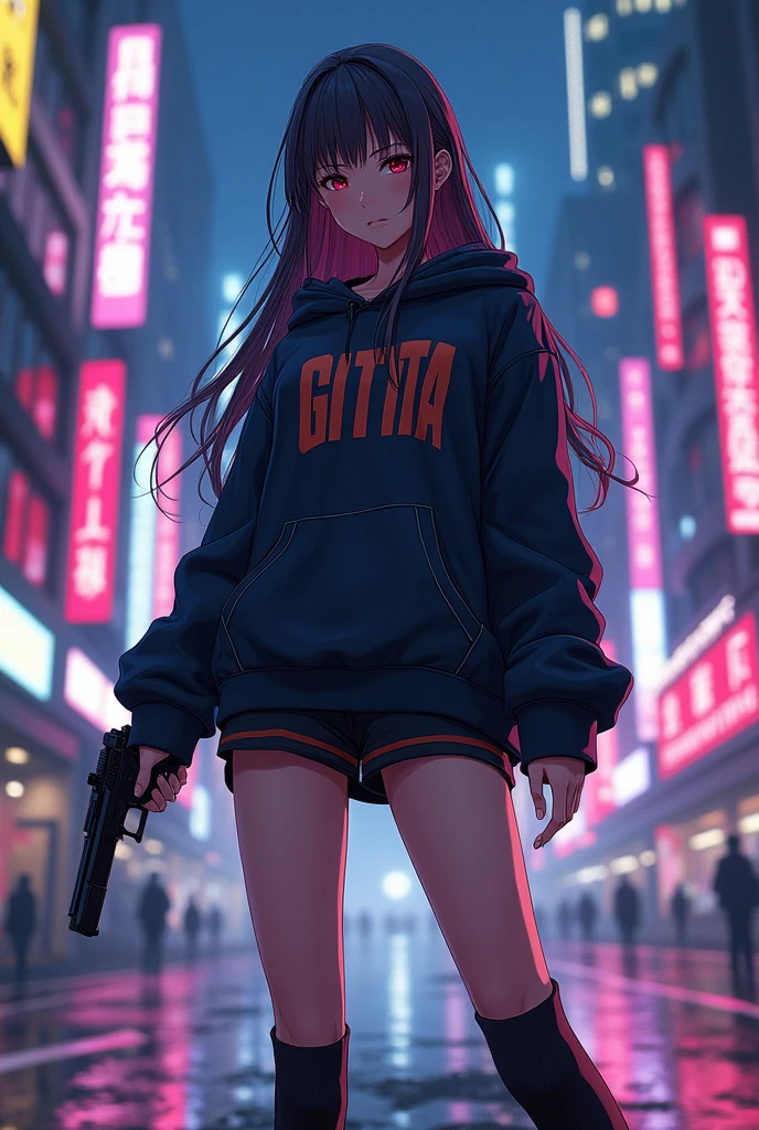 Create a character anime, {background: capital text “GLBK”, night city}, tanned skin,
realistic, HDR, beautiful, japan style, full body, use piastol, age 20, hoodie HD text: “GITTA”, female, long hair