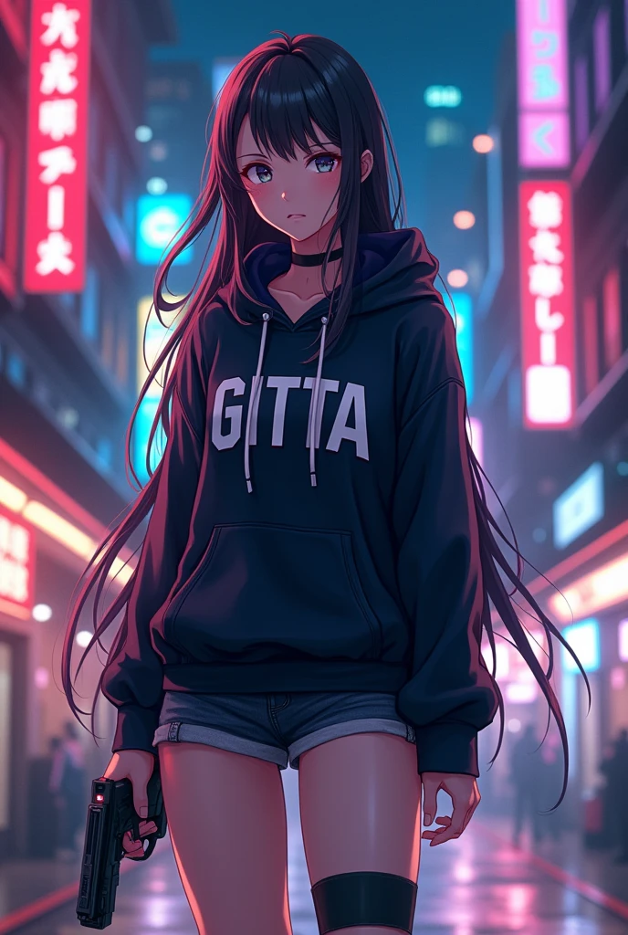 Create a character anime, {background: capital text “GLBK”, night city}, tanned skin,
realistic, HDR, beautiful, japan style, full body, use piastol, age 20, hoodie HD text: “GITTA”, female, long hair