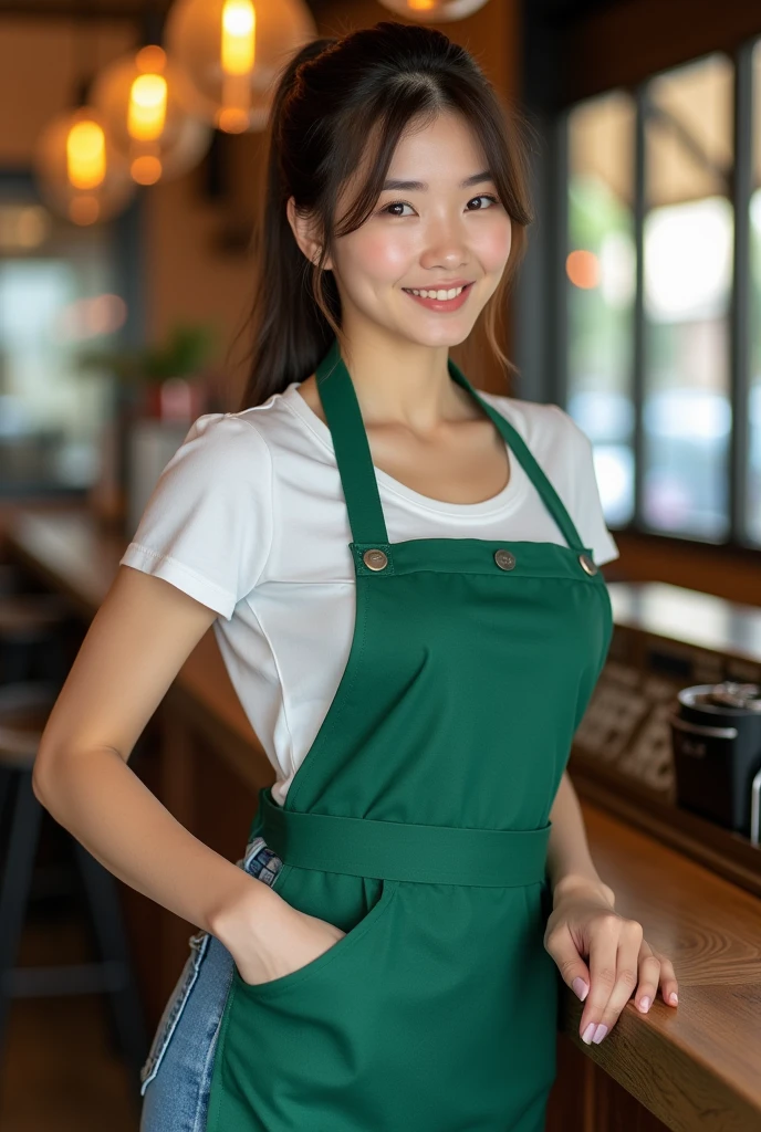 Maximumlism, hyper realistic, vivid colour, full body shot sharp focus digital photo style of Chinese very cute young girl, Starbuck coffee shop waiter, ponytail Long hair, wearing blue jean, white shirt, wearing green apron, show real pussy, show real vagina , show ass, show real breast, nude, sensual, erotic.
