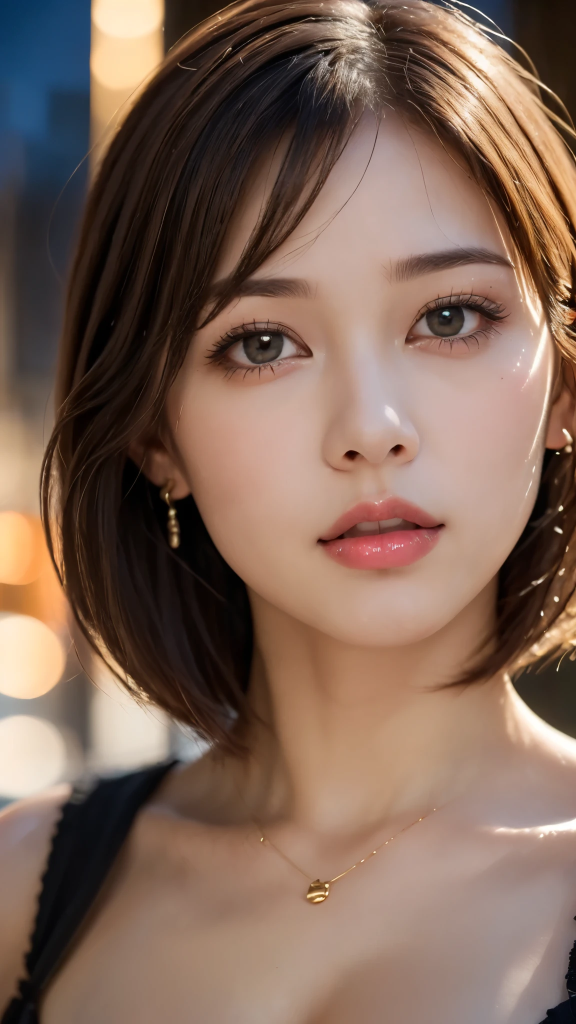 (Photorealistic, 32k, RAW photo, best quality:1.4), (masterpiece:1.3), (ultra high resolution, ultra realistic, highly detailed, golden ratio, ultra detailed), 1 beautiful woman, natural makeup, intricate cloth texture, finely detailed hair texture, beautiful full-body, perfect female form, anatomically accurate, highly detailed face and skin, (elegant hands), (realistic skin), (beautiful pale skin:1.1), (face on focus, extreme close-up:2.0), (Oversized Breasts, generous cleavage1.3), (Wearing Blue Slip Dress:1.5), (Earrings, Pendant),
BREAK,
realistic eyes, captivating detailed eyes, symmetric eyes, light brown eyes, double eyelids, thin eyebrows, (glossy lips:1.4), (face waiting for kiss, blush:1.3),
BREAK,
((short bob cut, dark brown hair, bangs:1.2)), (Moonlit night, terrace:1.3)