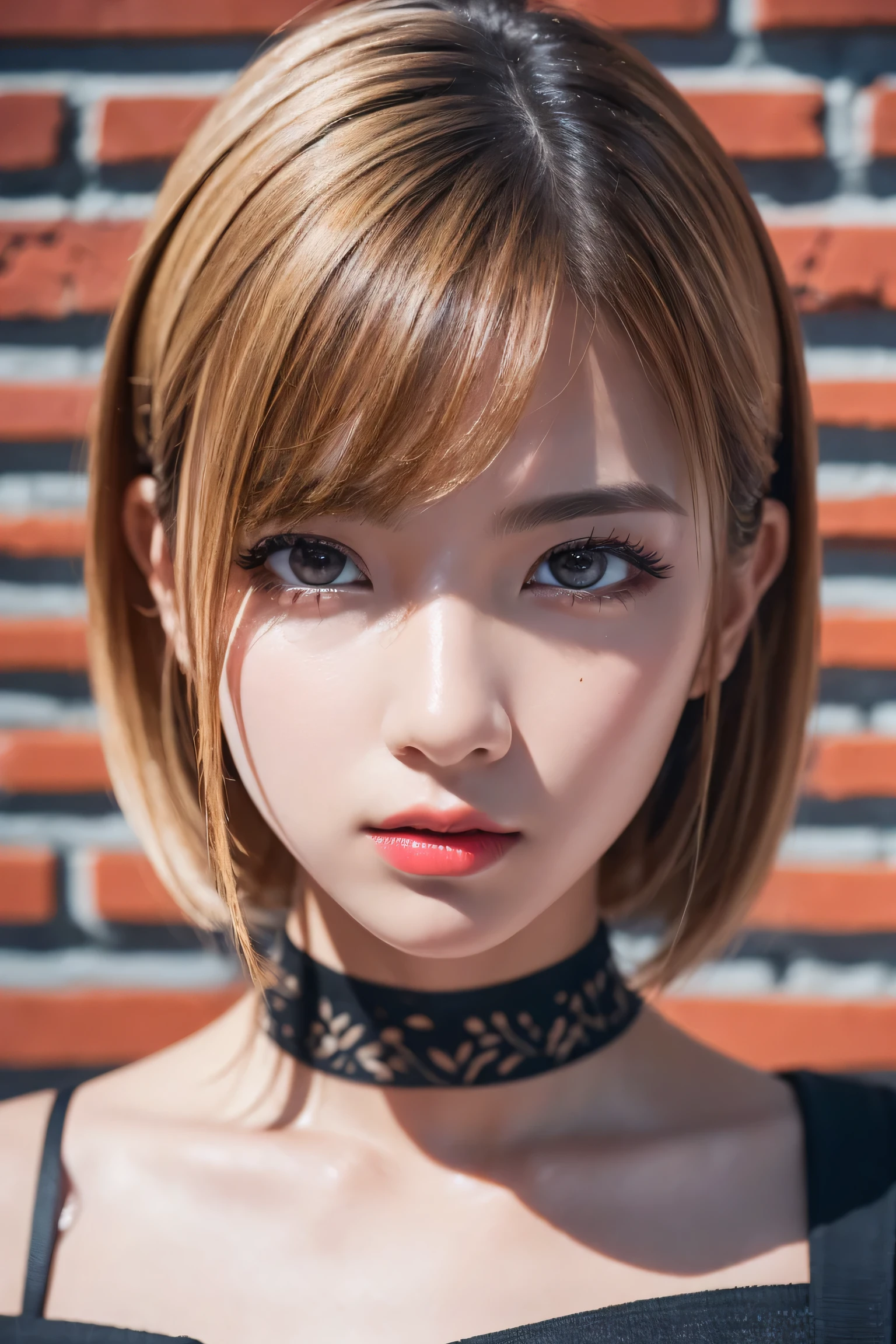  Realism, Realistic, Ultra-Realistic Details: Velvety Skin, Symmetrical lips, (Bright shiny red_lipstick), (Long Blue_eyelash), student, BREAK, Ultra-realistic 8K CG, masterpiece, ((Highly detailed background, Delicate pattern, Intricate details)), Highest quality, Intricate detailss, chromatic aberration, (Anatomically correct), (Perfect Proportions), Hyper-Photorealistic ((Portraiture)) a cute 1model:1.4. 2, Caucasian model, Unbelievably ridiculous, beautiful girl, cute, Digital SLR, Highest quality soft lighting, Sharp focus captured with the Fujifilm XT3, 5 ....6, In dramatic lighting, (Perfect composition), (Trim your hair, Long Hair, bionde, Messy Hair, Red highlights, Hair on one eye), Sharp eyes, choker, ((Brick wall, graffiti)), Dim lighting, alley, Oversized shirt,Off the shoulder, Sheer white shirt, masterpiece, Highest quality