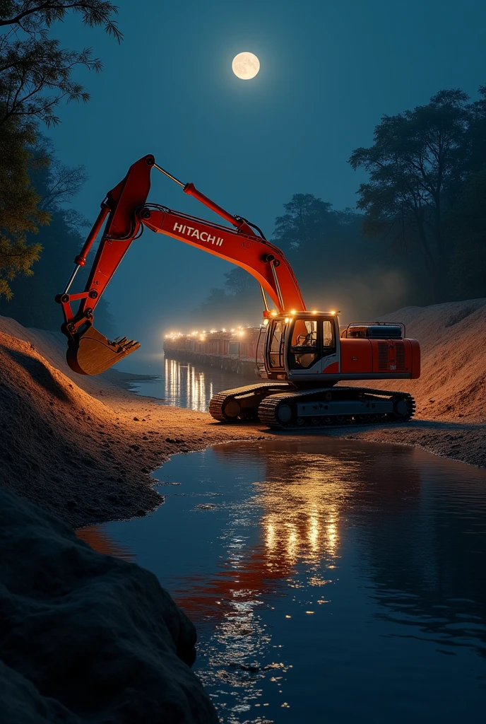 Hitachi loading sand into a many trucks from river at night in india