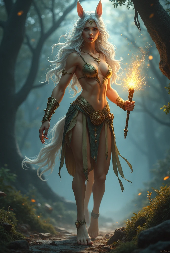 Beautiful and mysterious centaur, Elegant and harmonious, Muscular and chiseled features, Long silver hair, Shine like a star, Elf-like earrings, Soft moonlight, Brown to golden gradation body, Starlight in the night sky, Ancient forest, Mysterious waterfall, Cold Fog, Lunalight leaking tree々, A calm expression exuding wisdom and elegance, A gaze full of kindness, Walking gracefully along the forest path, Glowing magic wand, Particles of light dancing from the tip of the cane