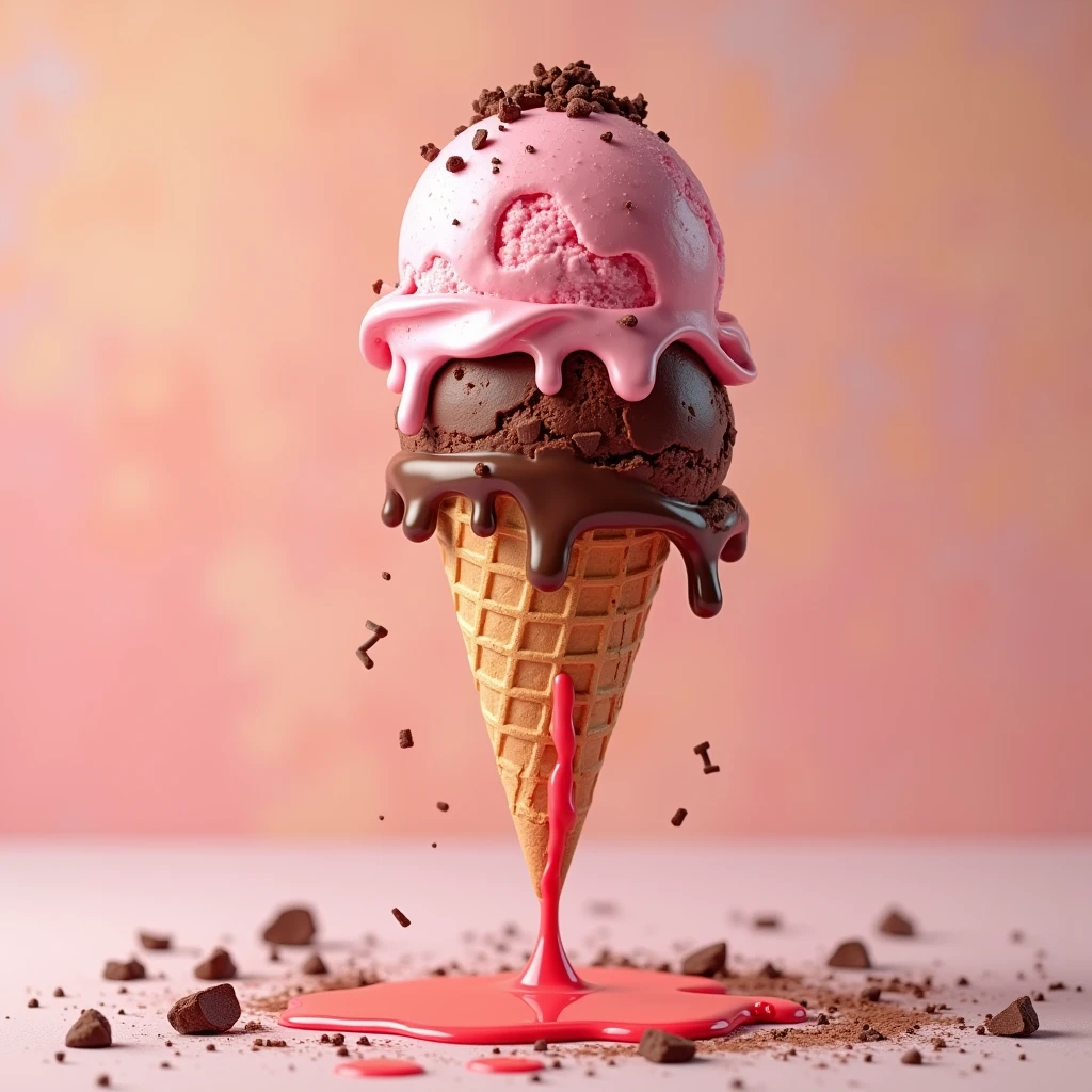 Advertisement image of melted ice cream cone , Strawberry flavor , Dark chocolate flavor , Floating in the air,Cold tolerance,Show bright colors , Cold effect , Chocolate shavings are sprinkled on top.