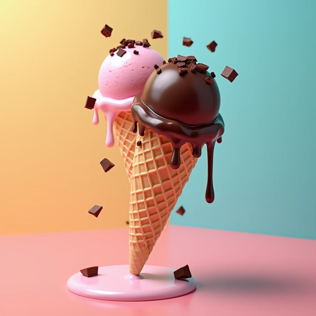 Advertisement image of melted ice cream cone , Strawberry flavor , Dark chocolate flavor , Floating in the air,Cold tolerance,Show bright colors , Cold effect , Chocolate shavings are sprinkled on top.