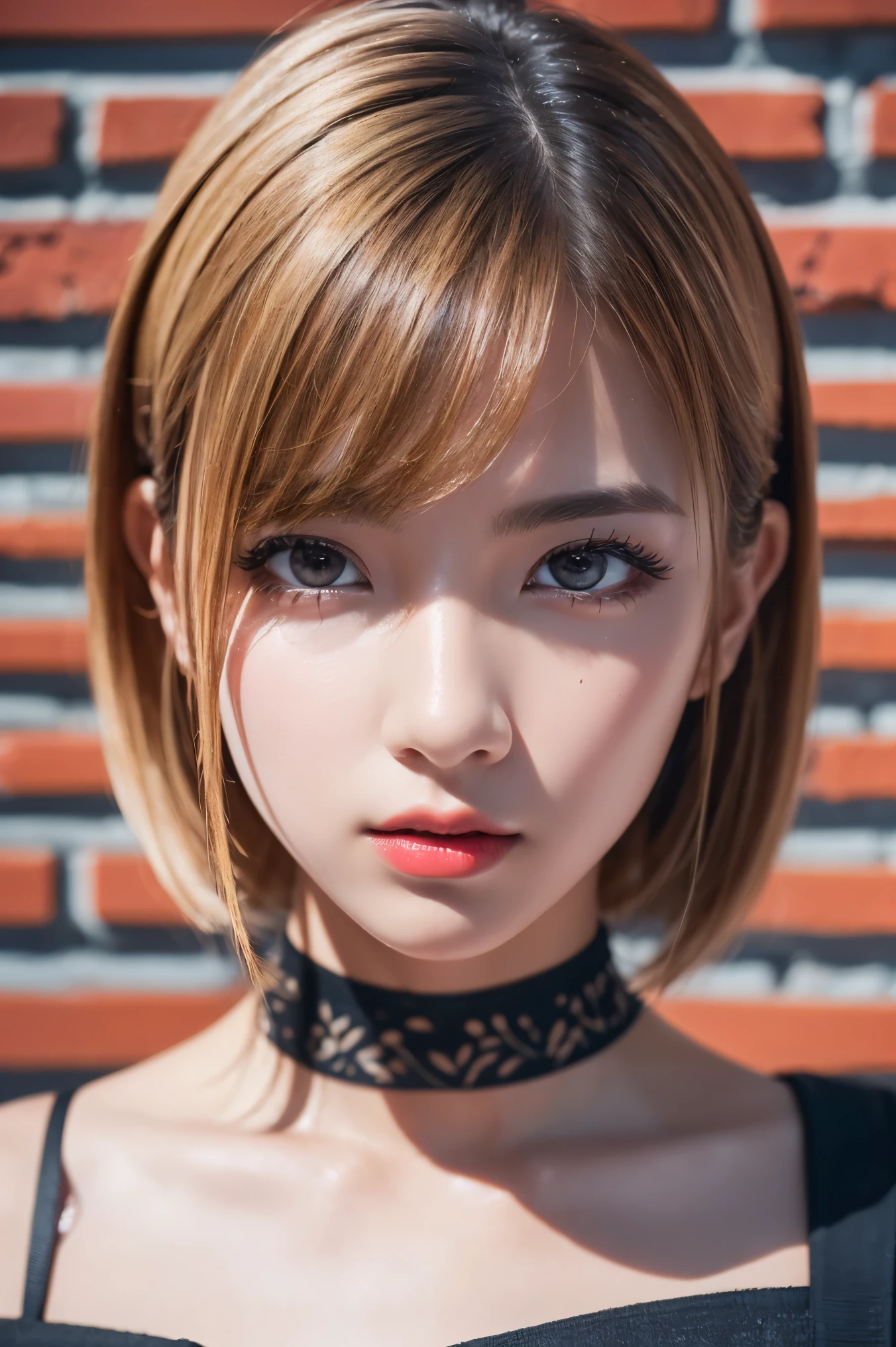 realism, Realistic, Ultra-Realistic Details: Velvety Skin, Symmetrical lips, (Bright shiny red_lipstick), (Long Blue_eyelash), student, break, Ultra-realistic 8K CG, masterpiece, ((Highly detailed background, Delicate pattern, Intricate details)), Highest quality, Intricate detailss, chromatic aberration, (Anatomically correct), (Perfect Proportions), Hyper-Photorealistic ((Portraiture)) a cute 1model:1.4. 2, Caucasian model, Unbelievably ridiculous, beautiful girl, cute, Digital SLR, Highest qualityのソフト照明, Sharp focus captured with the Fujifilm XT3, 5 ....6, In dramatic lighting, (Perfect composition), (Trim your hair, Long Hair, Blonde, Messy Hair, Red highlights, Hair on one eye), Sharp eyes, choker, ((Brick wall, graffiti)), Dim lighting, alley, Oversized shirt,Off the shoulder, Sheer white shirt, masterpiece, Highest quality