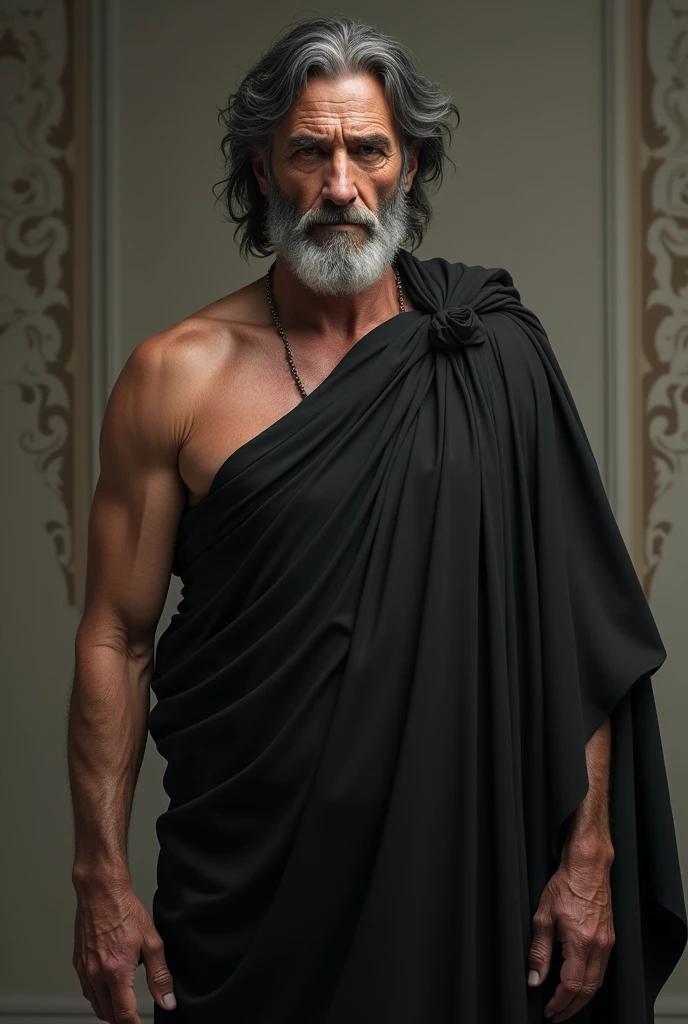 A grim-faced old man wearing a Greek-style outfit with a black base and short bangs、Wavy hair at the back, longer than shoulder length