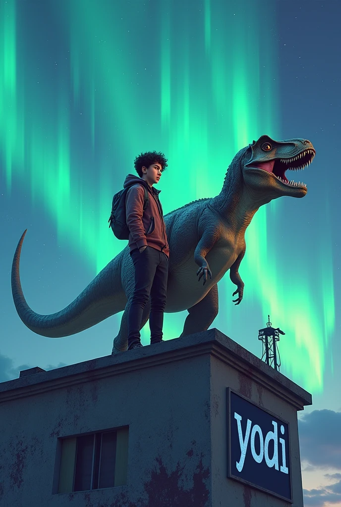 Gaming Profile picture of a boy with his pet t-rex standing on top of building under the northern light sky, Behind them there is a wall full with graffiti. Put text on it "yODI" in Jurassic styles text
