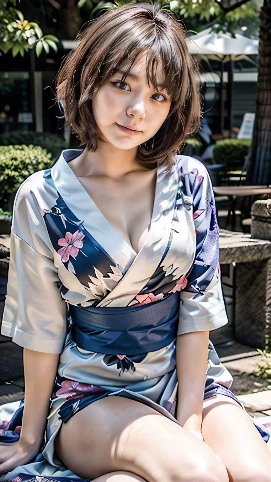 (Woman sitting:1.3、A sunny park:1.2)、(Realistic、Like a photograph、Live Action、8k, Realistic, RAW Photos, Best image quality: 1.4), Single-lens reflex camera、RAW Photos, Highest quality, Realistic, Very detailed CG Unity 8k wallpaper, Written boundary depth, Cinematic Light, Lens flare, Ray Tracing, Realistic background、(T-shirts:1.2、(Wearing a floral kimono:1.5、))、((Ultra-dense skin))、、((whole body:1.5))、smile、(Silver Hair、short hair、Shortcuts:1.3)、I like that style、stylish、Very detailed、Pay attention to the details、Perfect outfit、(Sunburned skin)、Beautiful legs:1.1,Anatomically correct body、Accurate Fingers、Sitting