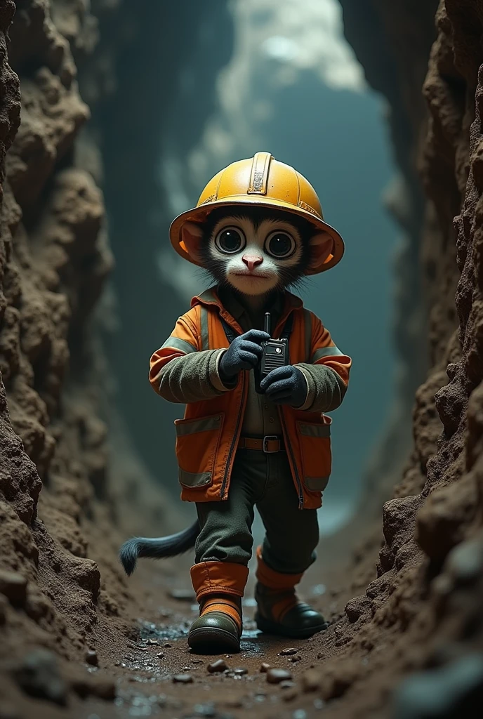Tarsius working in a mine wearing full safety while holding a walkie-talkie