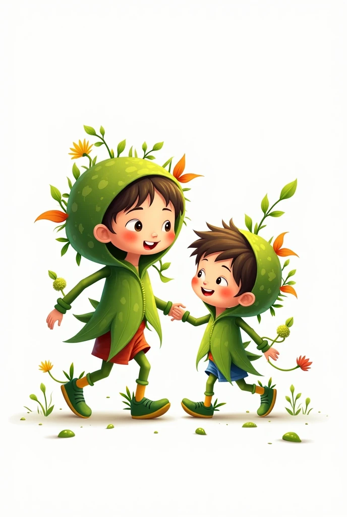 girl and boy as a plant, with plant like body happy and walking and white background, vector art, looking at front in camera hapy