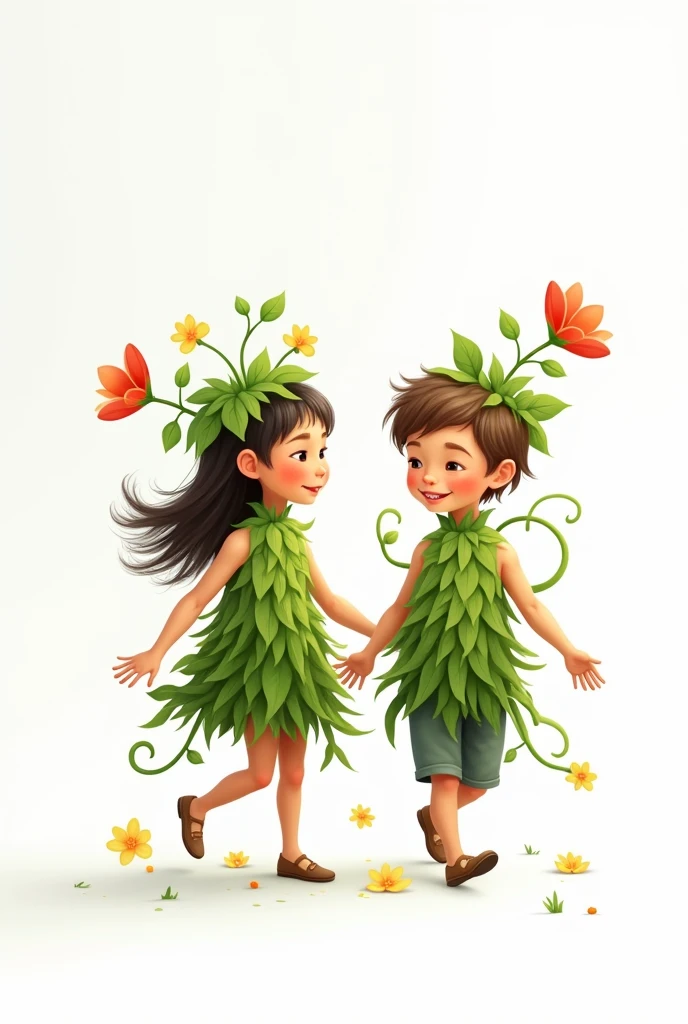 girl and boy as a plant, with plant like body happy and walking and white background, vector art, looking at front in camera hapy
