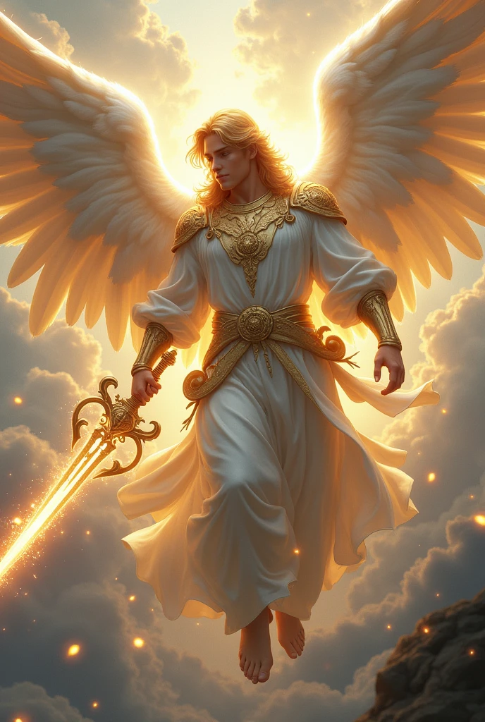 archangel gabriel yellow hair white robe thunder sword in right hand flying with majesty white wings