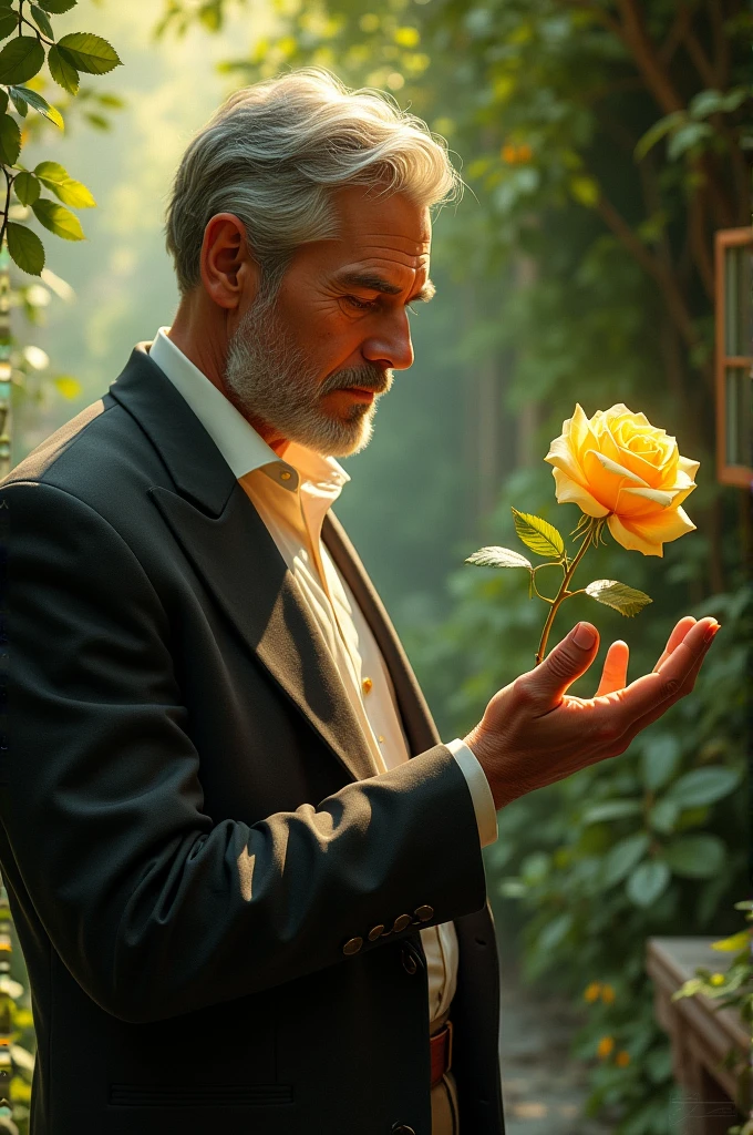 Man holding yellow rose in his hand