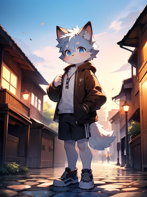 (best quality, Extremely detailed),boy,Furry wolf,((Big blue eyes,Watery)),((Shota)), ((black和白色的头发)), Good figure, Handsome,cute, Light:极致Light影, 反Light皮肤,Reddish skin,The ultimate face,She shyly greets the audience while leaning sideways,((破旧的black衣服,Commoner),black白边运动短裤,White socks),(sports shoes,black,Red edge,White laces) ,((Deep in the city park,Cobblestone Road,Next to the pool,Alone)),Outdoor sunset,((detail)),(Depth of Field),stand up,full-body shot