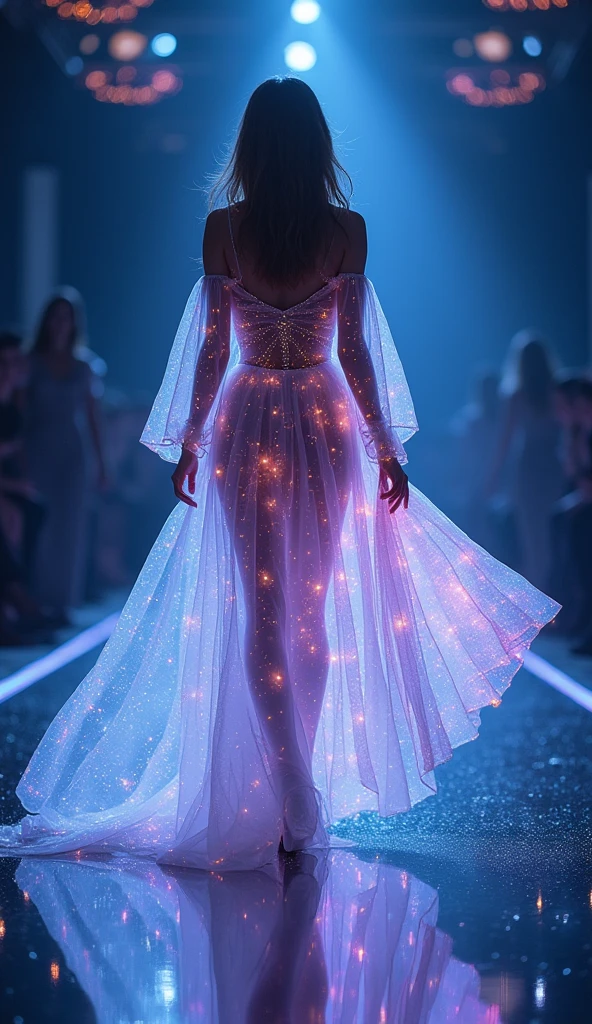 Glowing Veil of Night”: A woman walks down a runway wearing a flowing, translucent gown that glows softly with hues of midnight blue and violet. The gown is adorned with tiny, twinkling lights resembling stars in the night sky, creating a celestial atmosphere around her. The floor beneath her reflects the gown's ethereal light, enhancing the surreal beauty of the scene. [Fashion photography, inspired by the cosmos and nocturnal beauty], [Soft, glowing lighting, focus on the gown and the reflections, dreamy and serene atmosphere].