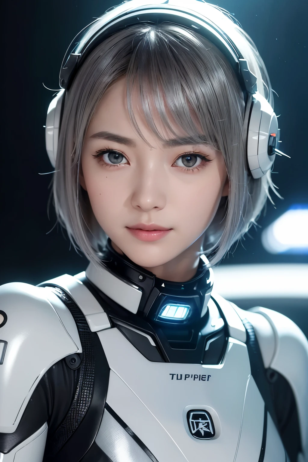 (masterpiece、Photorealistic、Super detailed)、Beautiful woman、Realistic skin and detailed hazel eyes、A Little Smile、Dark silver-gray rough short bob hair、White mechanical space suit with precise structure、Small Bust、A spacious and bright control room inside the spacecraft、Bioluminescence、Fiber Optic LED、The monitor shows a forecast of the typhoon&#39;s path across the Japanese archipelago.、