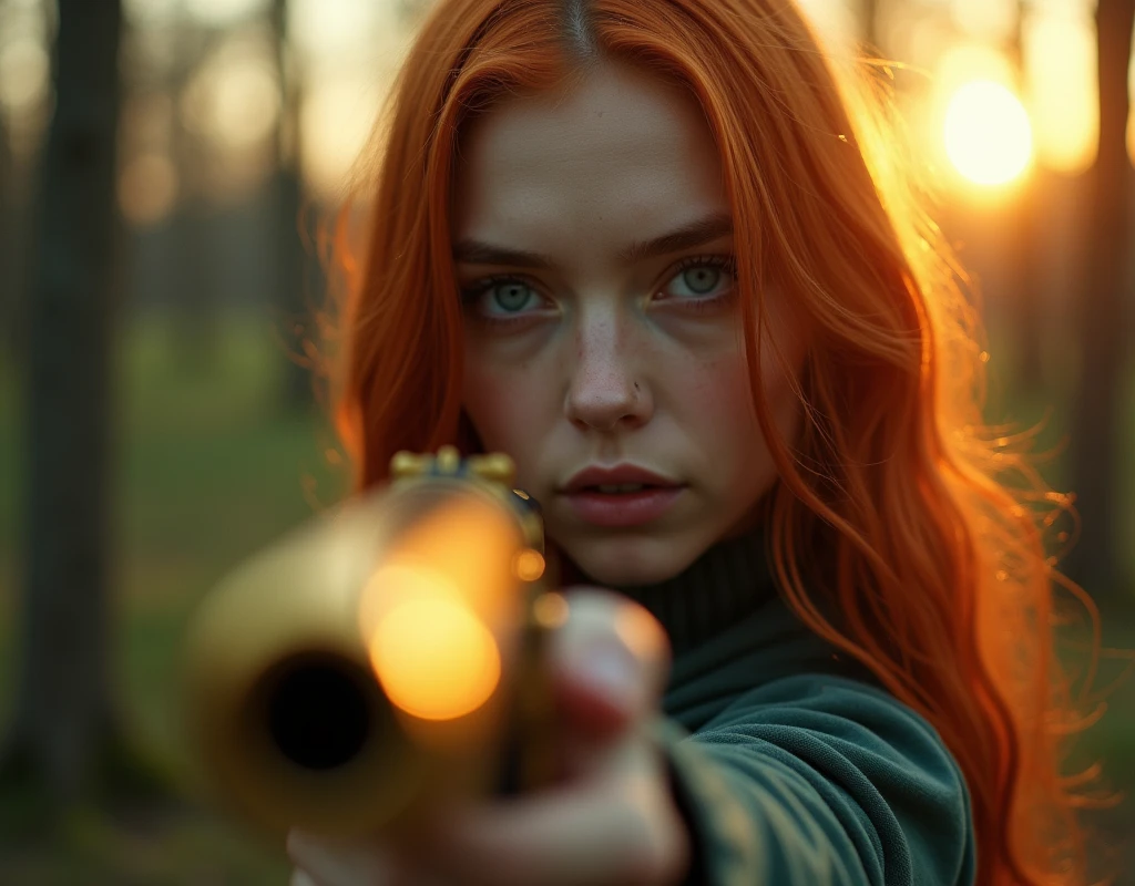 GINGER PALE WOMAN AT AGE OF 30 WITH BLUE EYES, Holding a Shotgun made of gold at the FOREST  , surreal artwork, Impermanence, retro influences. shallow depth of field, 100mm f/3.4, natural light, cinematic, widescreen aspect ratio, Cinematic Dramatic,, volumetric dtx, (film grain, blurry background, blurry foreground, bokeh, depth of field, sunset, interaction, Perfect chainmail)  bright lighting, photorealistic rendering, advertising photograph look and feel. Super High ultra resolution, hyper photorealistic, 255K, super hyper, Sony A7S Ill, f/ 9.0, 1/400. sharp-focus, megapixel.