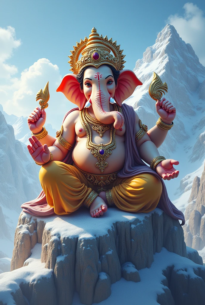 Lord Ganesha Claded in Enchanting Armour Sitting on Snowy Mountain Top