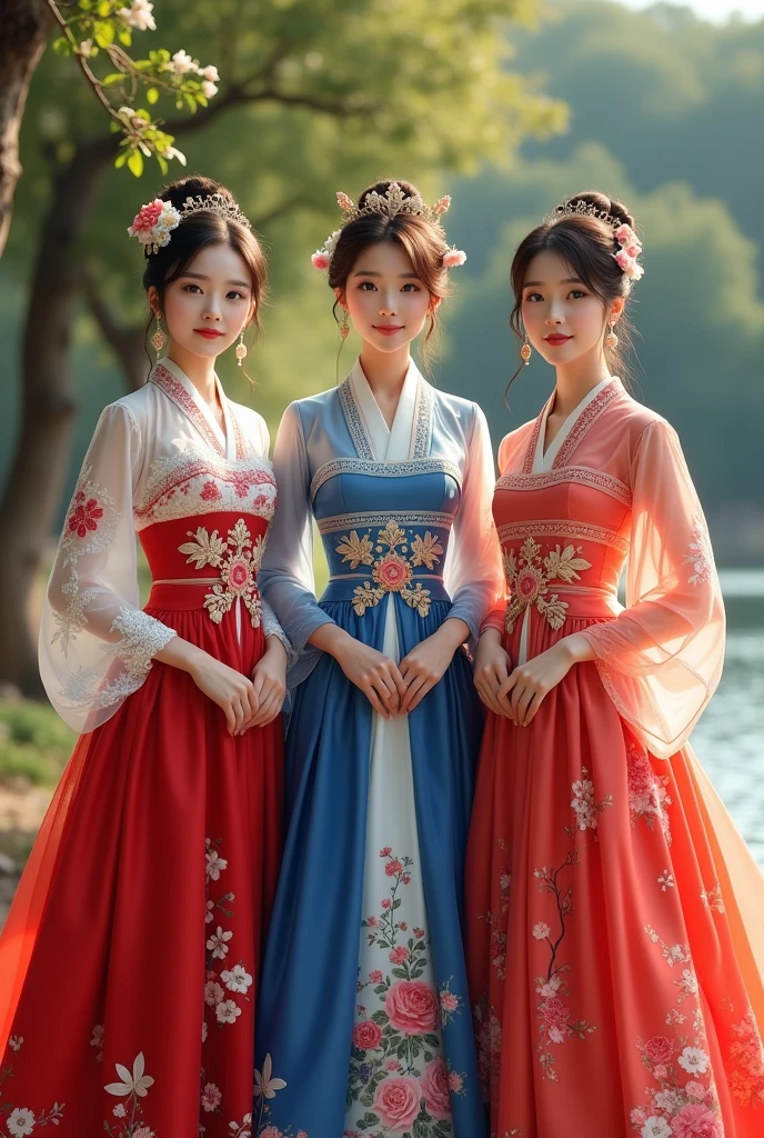 Three beautiful girls, Japanese nationality, 19 years old, wearing Japanese national wedding dress, South Korean nationality, 19 years old, wearing South Korean national wedding dress, Taiwanese nationality, 1, wearing Taiwanese national wedding dress. 