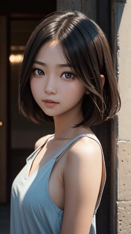 a girl who has short, beautiful shoulder-length hair and eyes that have the impression of a sharp gaze and has a cheeky and indifferent facial gesture