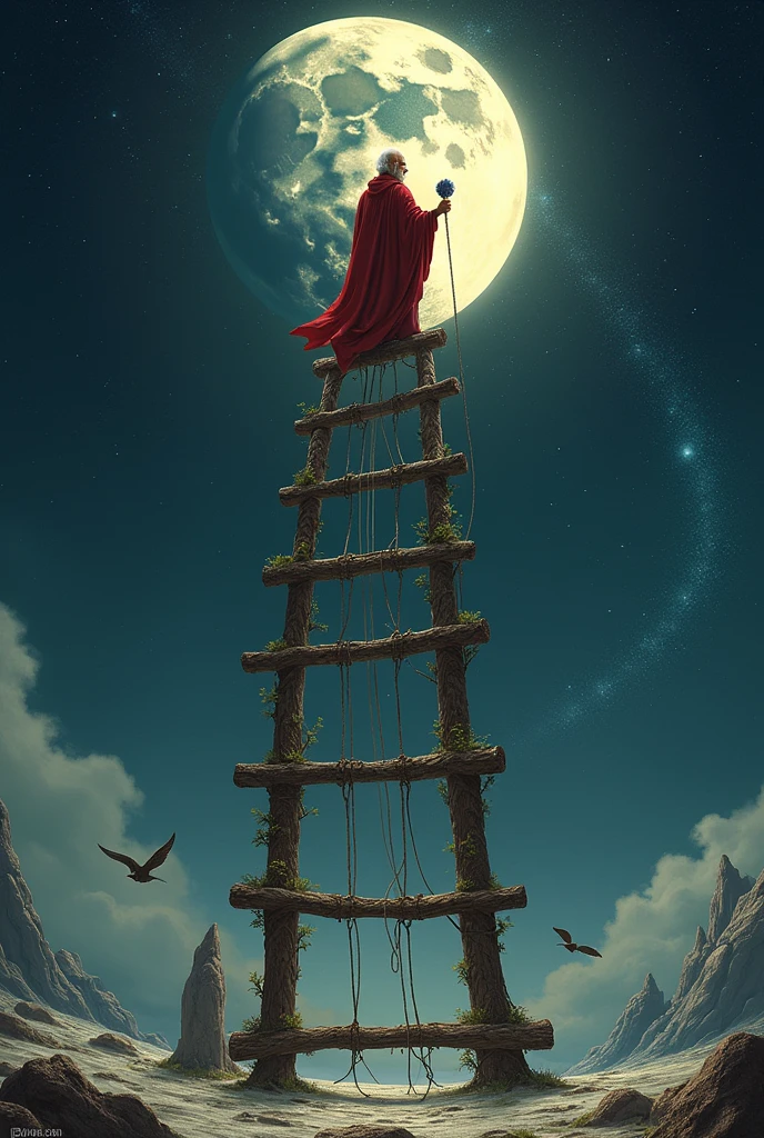 A very tall ladder whose height is from the ground to the top of the moon.
The ladder is mounted on the top of the moon from the ground, spinning the old thread of the moon on the moon.
An old man is standing on the ladder, wearing a red dress, the old lady of the moon has given him a lot of yarn. The scene will be at night.