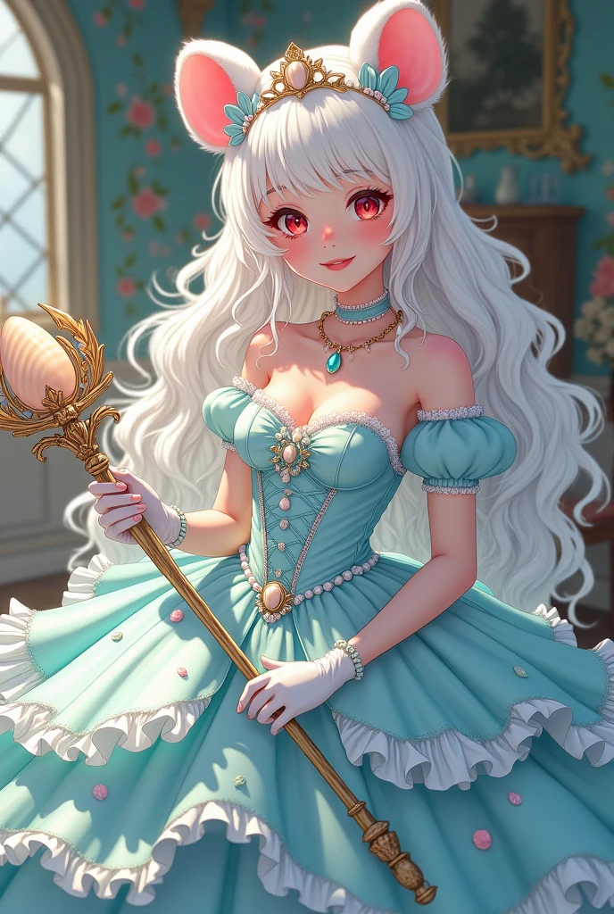 (best quality,4k,8k,highres,masterpiece:1.2), ultra-detailed, Pretty albino girl has a princess of the sea, drawn in 2D anime style, steampunk, mermaidcore fashion, wearing a iridescent turquoise princess gown with puffy sleeves, steampunk, gorgeous frilly dress design,flowing gown, elaborate lace details,rich textures,contrast stitching,delicate ribbon bows, seashells embroidery, full skirt with ocean wave pattern,short sleeves,fitted waistline,flared sleeves,lace-up back,luxurious fabrics,flawless silhouette, long curly white hair and red eyes, white fur, smiling, mouse ears and tail, ribboned high heels, white elbow evening gloves, gold bracelets, tiara made of seashells, beautifully detailed lips with lipstick, long eyelashes, eyeshadow, seashell necklace, in a castle bedroom with intricate decoration and luxurious furniture, flower wallpaper, she is holding a magic staff made of seashells and pearls.