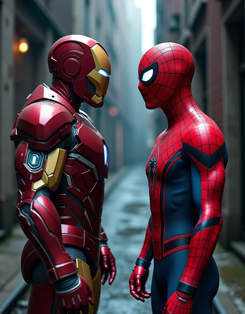 The image you provided features two iconic superhero characters, Iron Man and Spider-Man, both dressed in detailed and advanced suits. Below is a point-by-point breakdown of the image:
1. **Iron Man's Armor:**
- **Color Scheme:** The armor is primarily red with gold accents, a classic Iron Man color palette.
- **Helmet:** The helmet is sleek with a gold faceplate and glowing blue eyes. The red surrounding the faceplate has a metallic sheen.
- **Chest Arc Reactor:** A prominent, circular arc reactor is visible in the center of the chest, glowing blue, signifying the suit's power source.
- **Armor Details:** The suit has intricate paneling, with black and gold elements along the abdomen, arms, and legs. The design includes multiple layers of armor plates, giving a sense of depth and complexity.
- **Illumination:** Several small blue lights are visible on the suit, such as near the shoulders and on the forearms, contributing to the advanced tech look.
2. **Spider-Man's Suit:**
- **Color Scheme:** The suit is predominantly red with black web patterns and blue accents.
- **Mask:** The mask is red with large white eyes that have a blue glow, making Spider-Man's expression more intense.
- **Spider Emblem:** A glowing blue spider emblem is centered on the chest, adding a technological aspect to the suit.
- **Suit Design:** The suit is form-fitting, with a high-tech look, featuring segmented armor-like sections, especially around the shoulders, arms, and legs. The design includes both smooth and textured surfaces, enhancing the suit's modern and tactical appearance.
- **Web-Shooters:** Subtle details of the web-shooters are visible on the wrists, integrated seamlessly into the suit.
3. **Background Setting:**
- **Environment:** The background suggests an urban setting, likely an alleyway at night, with dim lighting. The scene is atmospheric, with a slightly wet, reflective ground surface.
- **Lighting:** The lighting in the scene is low