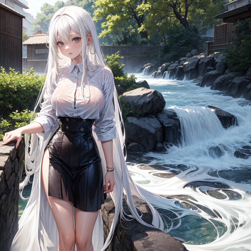 long hair girl,white hair,Not wearing a shirt,Wet shirt,Big tits,Low Waist,skirt