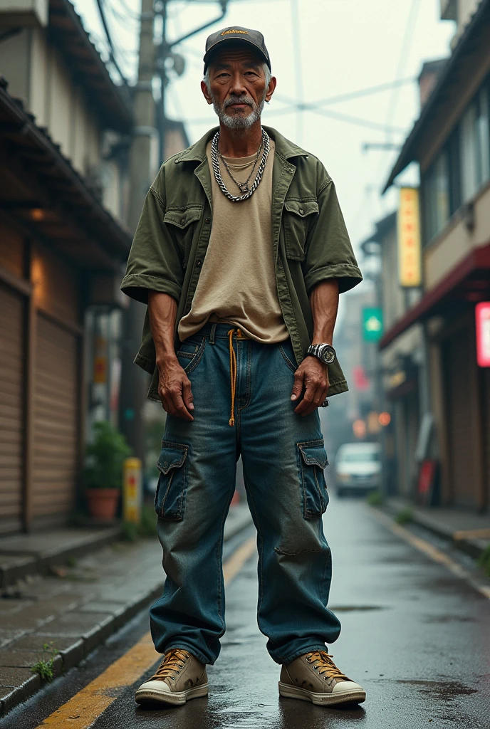 50 years old Japanese man, slender figure, poor, hiphop style, hat, thick necklace, thick jeans, high-cut sneakers, Japanese street