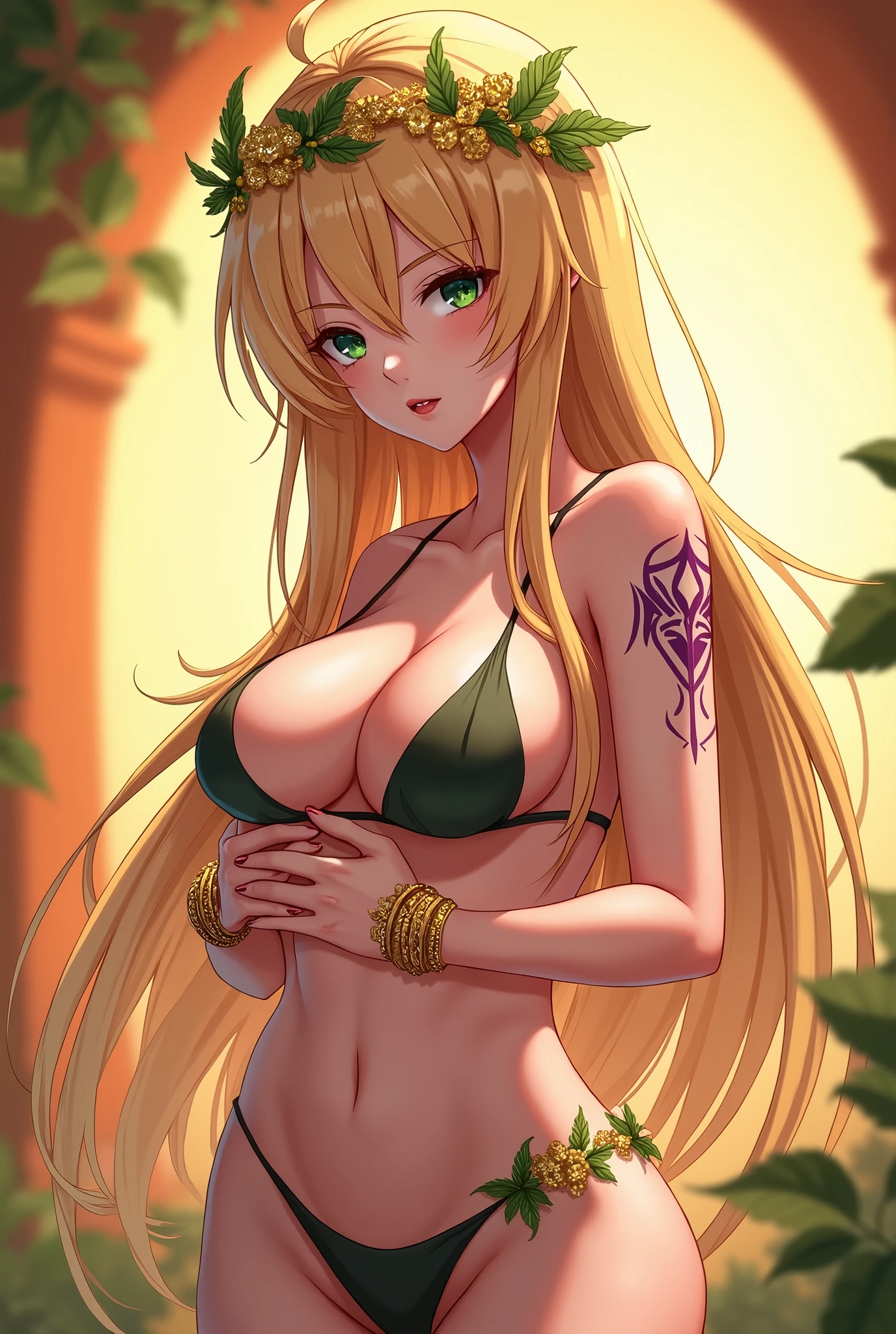 A captivating anime-style portrait of a confident female character. She has long, golden hair adorned with a gold and green floral diadem, which accentuates her alluring appearance. The character is posing seductively, holding her ample bust with both hands, wearing a minimalistic outfit with strategically placed green leaves. Her eyes lock with the viewer, her lips slightly parted, and her confidence radiating. She wears golden bracelets on both arms and a tribal-style purple tattoo on her right shoulder. The backdrop is warm and inviting, with hues of orange, creating a romantic and fantasy-like atmosphere.