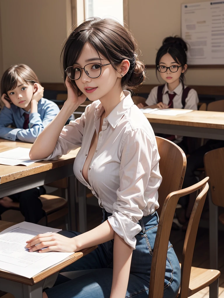 cartoon of a professeur sitting at a desk with a group of children, sitting in the clcommesroom, in a clcommesroom, dessin animé 3D, comme a strict school professeur ), professeur, school clcommes, !!posant_comme_lcommet_souper, assise à son bureau, Écolière réaliste, clcommesroom background, in a school clcommesroom, NSFW, assise, de face, lunettes nerds, upskirt, décolleté profond, chemise ouverte jusqu'en bas, chignon très serré, une mèche libre, camel toe, hard nipples see through, open mouth smile, hug, braless, red shirt, black mini skirt, upskirt, booty