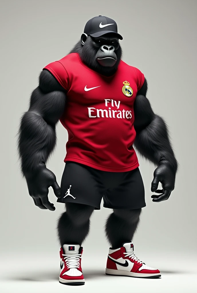 A gorilla wearing a Nike cap, a Real Madrid shirt, black shorts and white and red Jordan 4 sneakers 