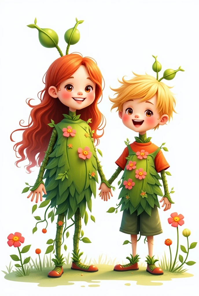 girl and boy as a plant, with plant like body happy and walking and white background, vector 2d art, looking at front in camera hapy