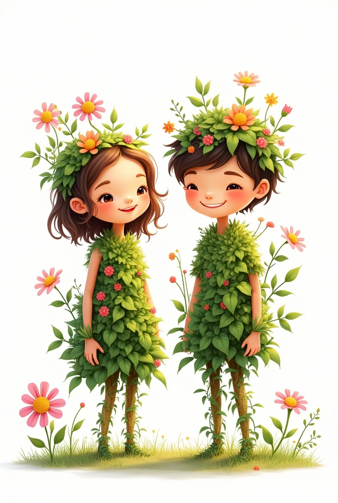 girl and boy as a plant, with plant like body happy and walking and white background, vector 2d art, looking at front in camera hapy