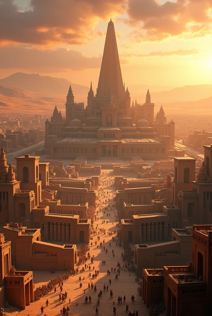 Panoramic view of an ancient Babylonian city with grand and imposing architecture, in an animated 3D style like in Pixar films. The scene should have a dramatic tone with soft lighting and tense music in the background."