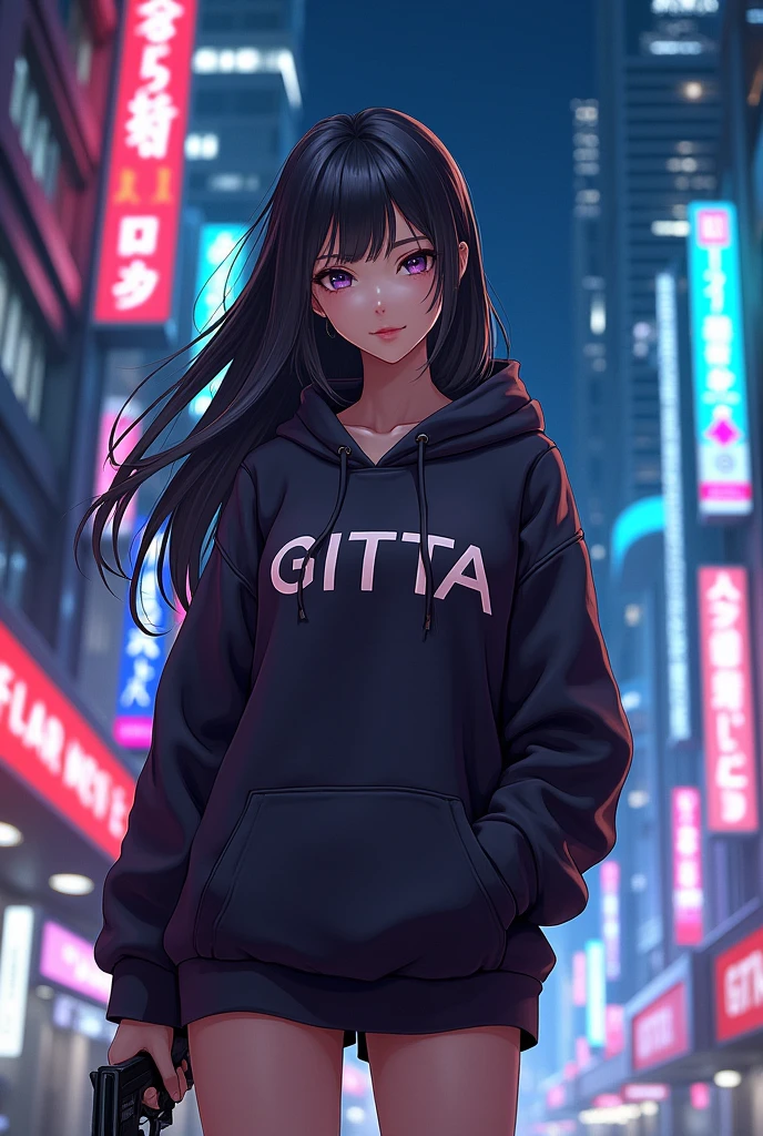 Create a character anime, {background: capital text “GLBK”, night city}, tanned skin,
realistic, HDR, beautiful, japan style, full body, use piastol, age 20, hoodie HD text: “GITTA”, female, long hair
