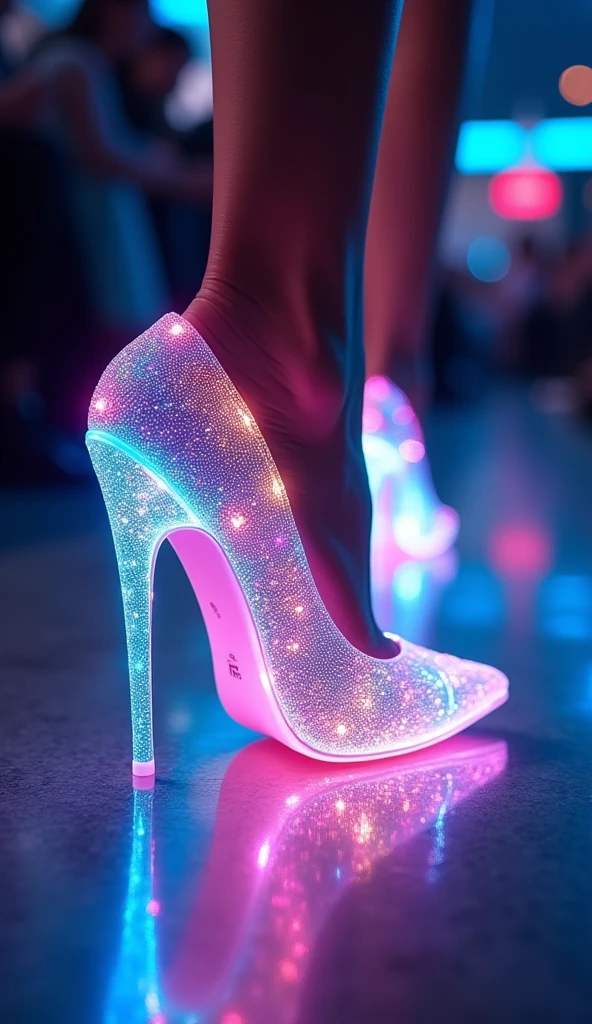 Prismatic Halo Heels”: A pair of stiletto heels that shimmer with a halo of multicolored light, each step creating a ripple of luminous waves on the runway. The heels are made of a translucent material, and the lights within shift and change color as the model walks, leaving a trail of light behind. [Fashion accessory photography, inspired by light art and futuristic design], [Vibrant, neon lighting, focus on the heels and their glowing effects, dynamic and eye-catching atmosphere].