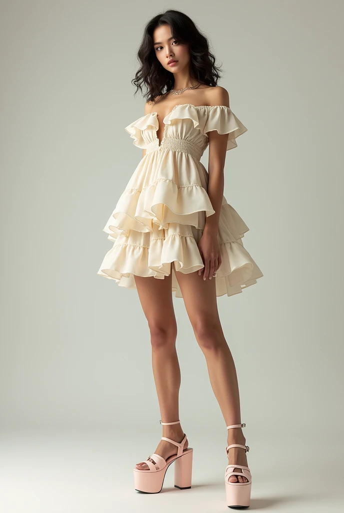 Create an image of a model wearing a short ruffle dress with a slippers chunky heels