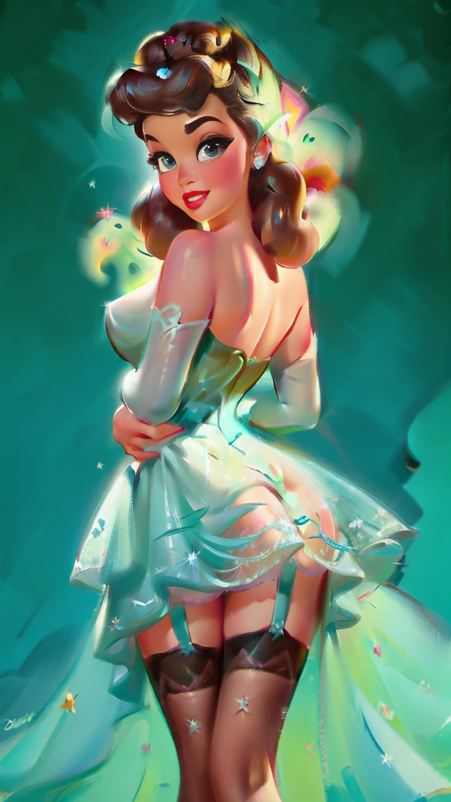 Elsa-Cinderella Fusion, Mesclando modelos, melting, Roupas da Cinderella, 1girl, Beautiful, character, Woman, female, (master part:1.2), (melhor qualidade:1.2), (sozinho:1.2), ((pose de luta)), ((campo de batalha)), cinemactic, olhos perfeitos, pele perfeita, perfect lighting, sorrir, luz, cor, pele texturizada, detalhe, Beleza, maravilha, ultra-detalhado, rosto perfeito, seductive, flirting, (lace lingerie, translucent), (lacy stockings), full body, focus on legs, perfect hands, slutty makeup, hot princess