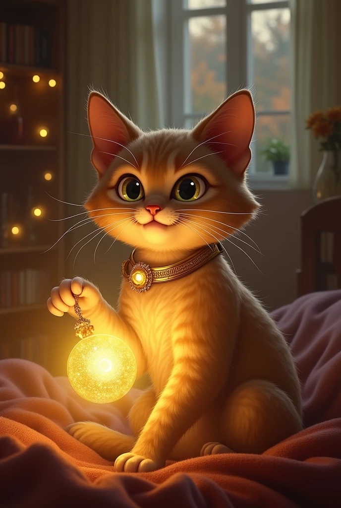 Whiskers Puts on the Golden Collar:

Whiskers is shown knocking the golden collar off its hook with a gentle paw, and the collar is now around his neck. A soft, magical glow surrounds him, indicating that something magical is about to happen.