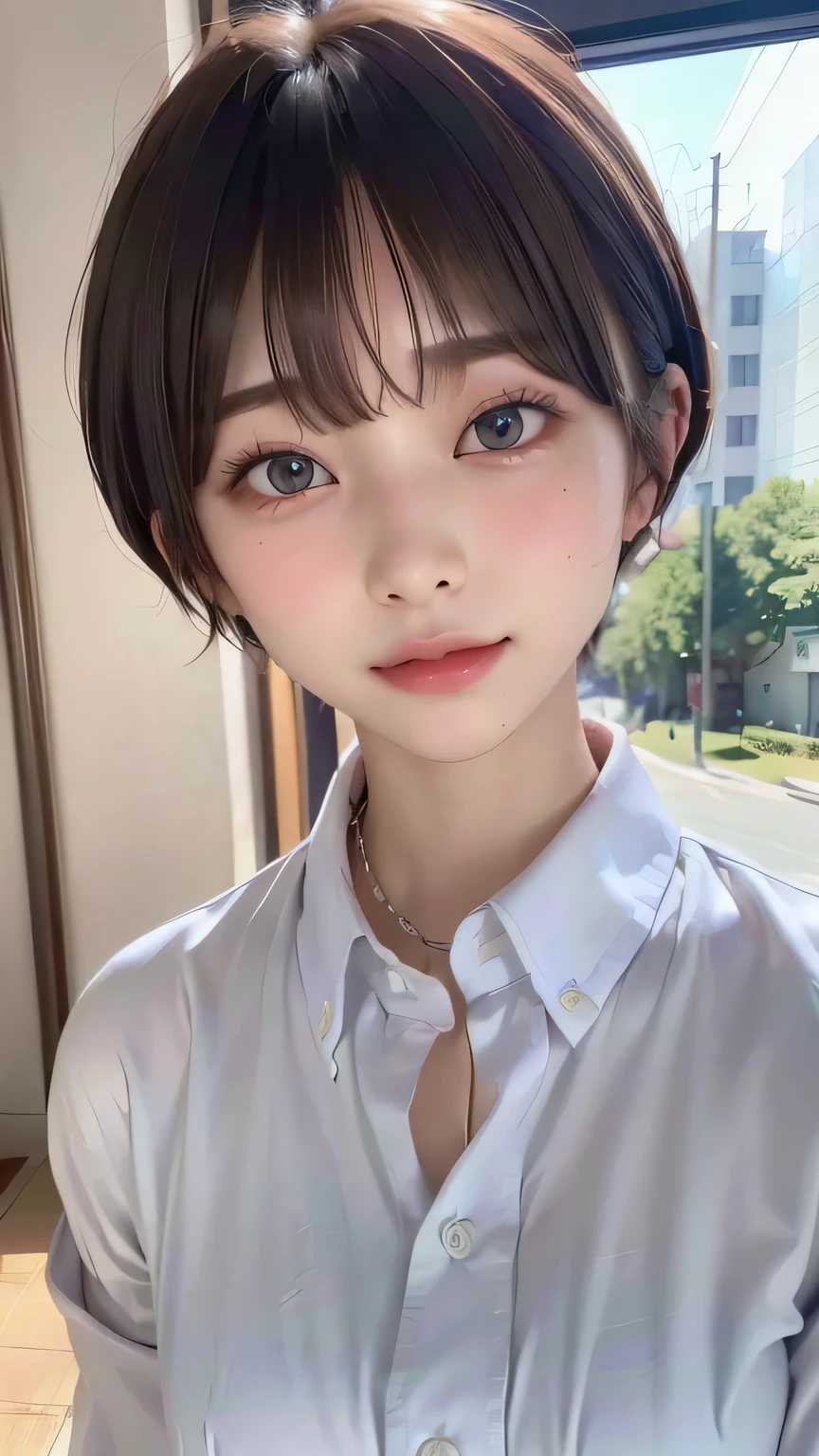 (Highest quality:1.3)、(Masterpiece:1.4)、Raw photo、8k、((Best image quality))、 ((High resolution))、Beautiful face in every detail、Realistic human skin、Gentle expression、(Cute natural anime face)、(One Woman:1.3)、Realistic、Photorealistic、short hair、(Beautiful woman)、((Cool Japan girl))、(boyish:1.5)、mannish、((Beautiful woman))、(Beautiful Hair)、((Dark brown hair))、(Blushing:1.5)、(Fashion Model:1.3)、(Every woman admires her face:1.3)、((Her eyes are big))、20 year old beauty、(Small face)、Small Head、((Long neck))、(High school girls)、uniform、(Japanese high school uniform)、(High school girlsのuniform)、((White button-up shirt))、(A shirt with a wide open chest)、Collared shirt、(necklace)、(The aspirations of young people)、(The center of attention in school:1.3 )、everyone will love her、You can almost see your cleavage、Attractive lips、[[smile]]、(She has a great figure)
