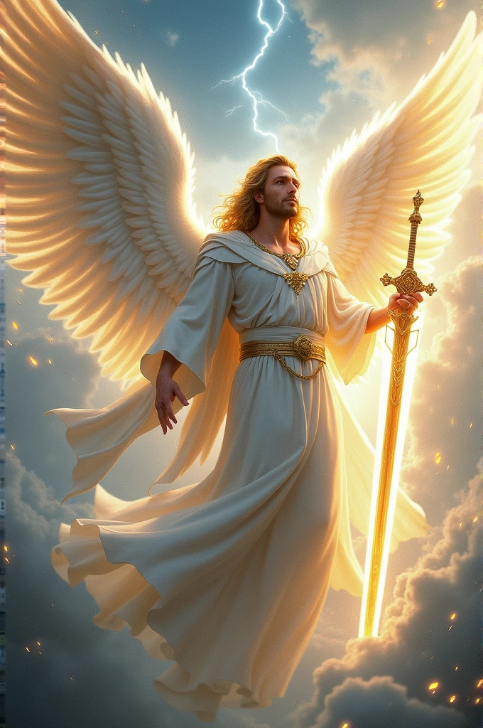 archangel gabriel yellow hair white robe thunder sword in right hand flying with majesty white wings