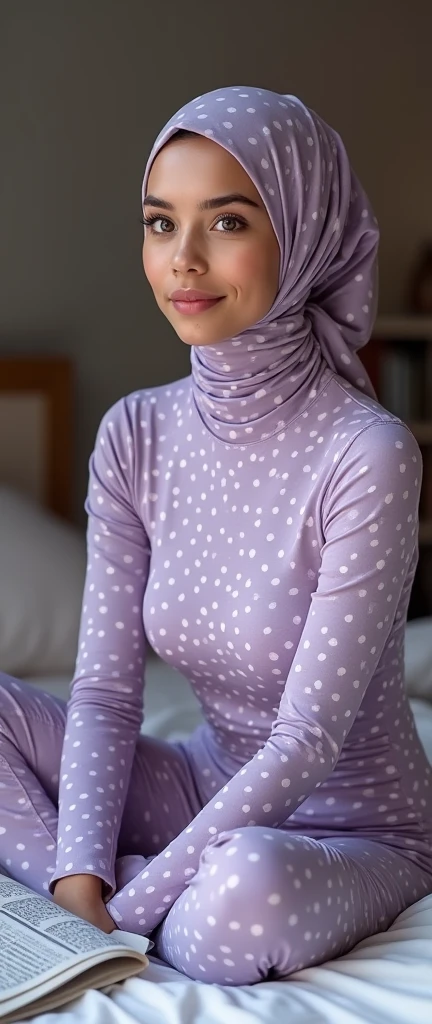 The most beautiful,thin,most pretty and clever Asian muslimah adult girl wears light purple leopard print lycra turtleneck unitard catsuit covered with spots.She always wear light purple leopard print lycra dancewear stretchy square hijab covered with many spots.She sits on the bed and reads a lot of newspapers