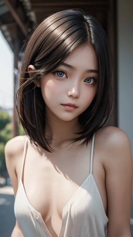 a girl who has short, beautiful shoulder-length hair and eyes that have the impression of a sharp gaze and has a cheeky and indifferent facial gesture