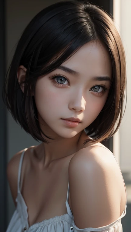 a girl who has short, beautiful shoulder-length hair and eyes that have the impression of a sharp gaze and has a cheeky and indifferent facial gesture