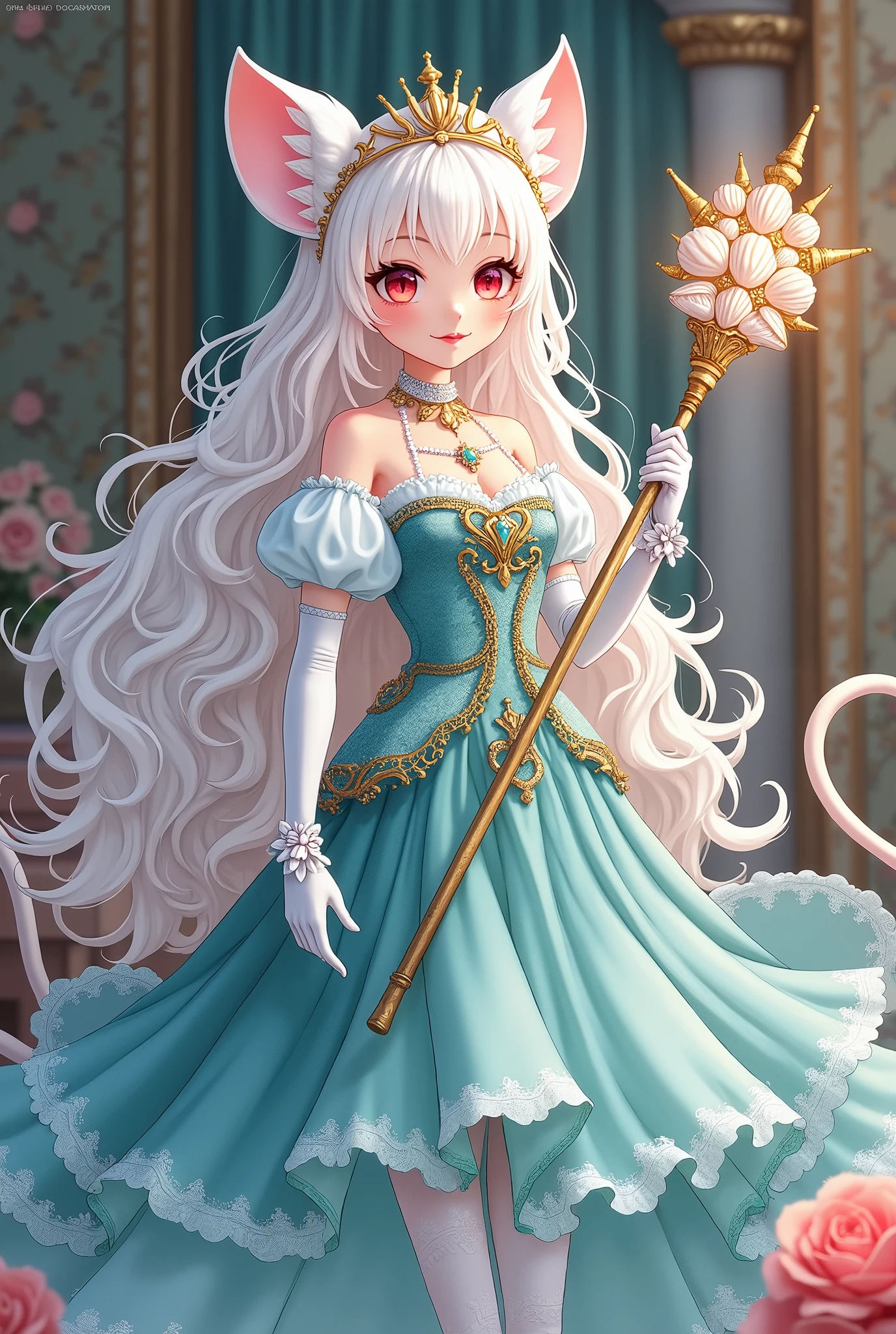 (best quality,4k,8k,highres,masterpiece:1.2), ultra-detailed, Pretty albino girl has a princess of the sea, drawn in 2D anime style, steampunk, mermaidcore fashion, wearing a iridescent turquoise princess gown with puffy sleeves, steampunk, gorgeous frilly dress design,flowing gown, elaborate lace details,rich textures,contrast stitching,delicate ribbon bows, seashells embroidery, full skirt with ocean wave pattern,short sleeves,fitted waistline,flared sleeves,lace-up back,luxurious fabrics,flawless silhouette, long curly white hair and red eyes, white fur, smiling, mouse ears and tail, ribboned high heels, white elbow evening gloves, gold bracelets, tiara made of seashells, beautifully detailed lips with lipstick, long eyelashes, eyeshadow, seashell necklace, in a castle bedroom with intricate decoration and luxurious furniture, flower wallpaper, she is holding a magic staff made of seashells and pearls.